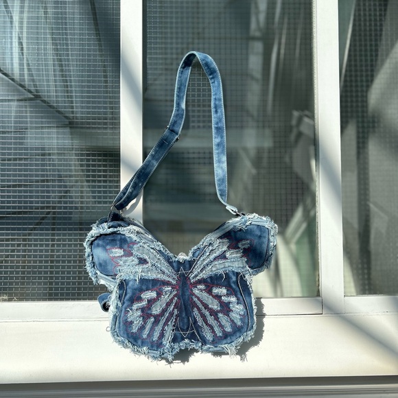 Y2K Denim Butterfly Shoulder Bag Purse Backpack - Picture 3 of 7